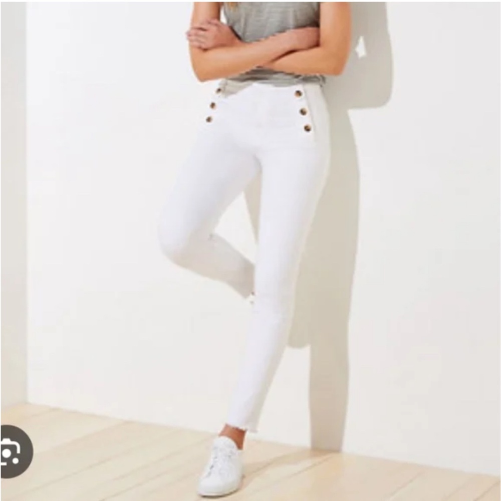 White Sailor Pants Skinny Jeans with Tortoiseshell Buttons